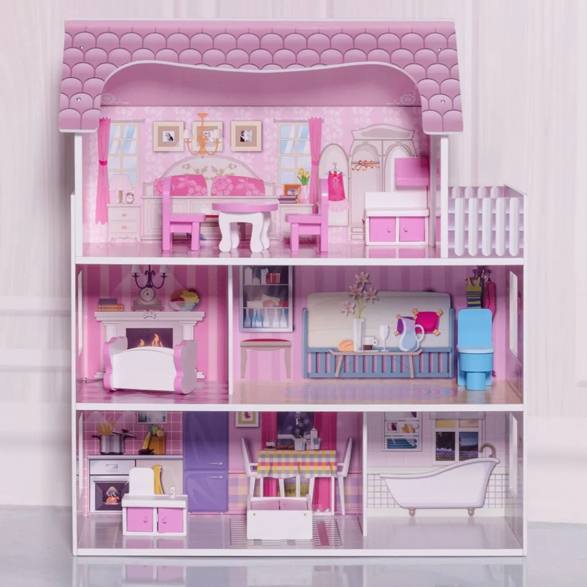 3 Etagen Puppenhaus aus Holz Puppenstube mit Möbeln & Zubehör Puppenvilla Mädchen Rosa