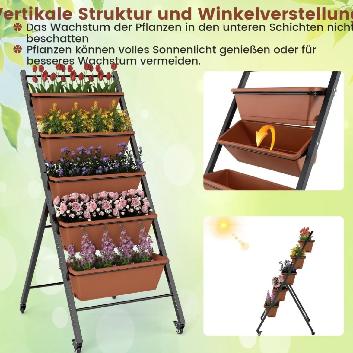 5 Etagen Vertikales Hochbeet mit Rollen Blumenbeet mit Pflanzkästen Blumenkasten