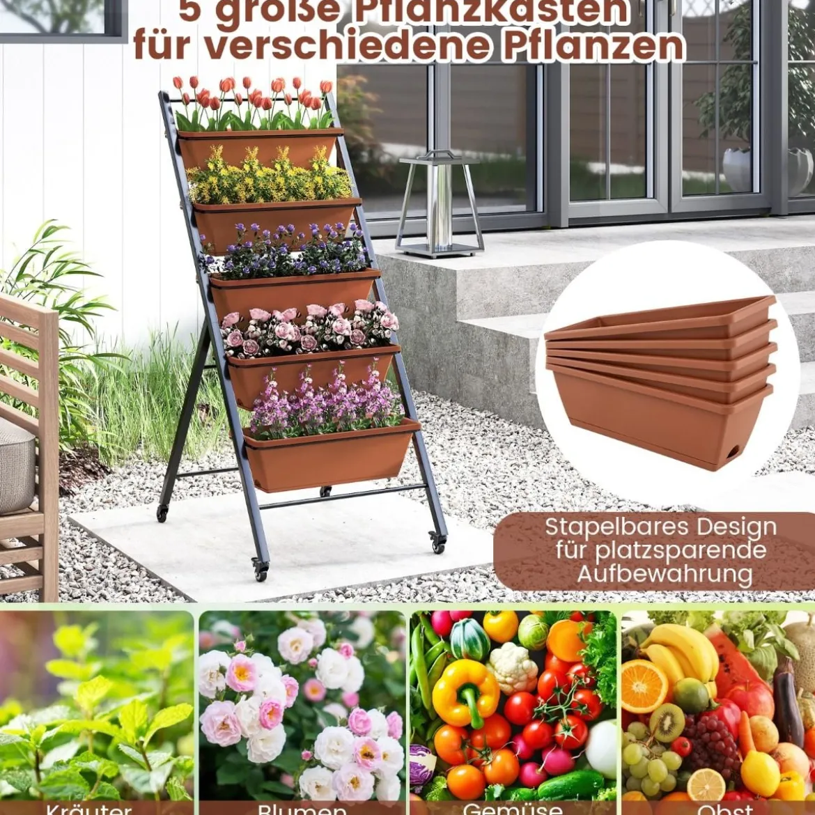 5 Etagen Vertikales Hochbeet mit Rollen Blumenbeet mit Pflanzkästen Blumenkasten