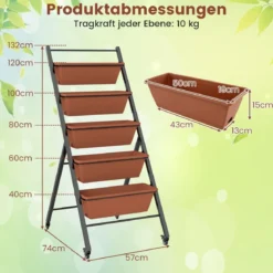 5 Etagen Vertikales Hochbeet mit Rollen Blumenbeet mit Pflanzkästen Blumenkasten