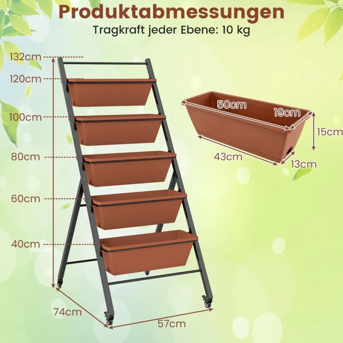 5 Etagen Vertikales Hochbeet mit Rollen Blumenbeet mit Pflanzkästen Blumenkasten
