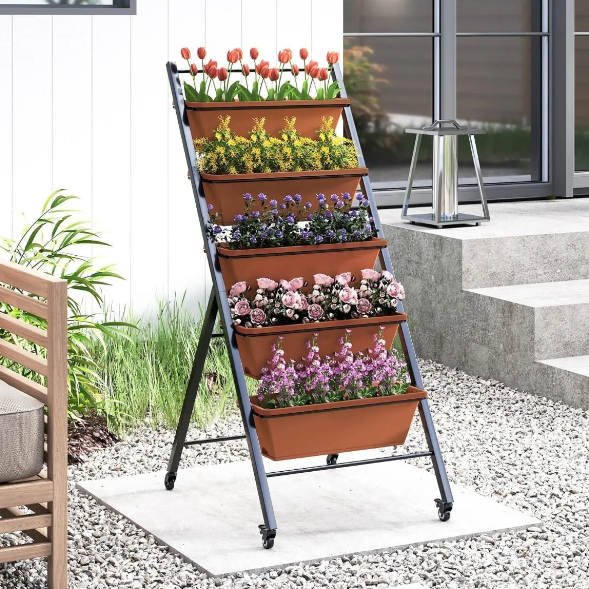 5 Etagen Vertikales Hochbeet mit Rollen Blumenbeet mit Pflanzkästen Blumenkasten