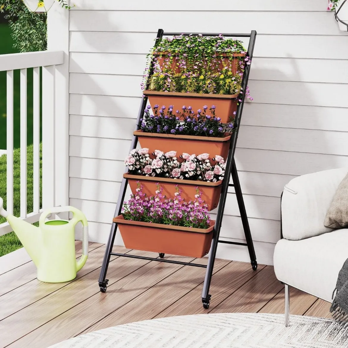 5 Etagen Vertikales Hochbeet mit Rollen Blumenbeet mit Pflanzkästen Blumenkasten