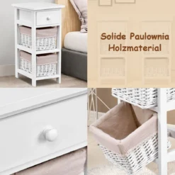 3-etagiger Nachttisch mit Schublade und 2 Aufbewahrungskörben 28 x 26 x 59,5 cm Weiß + Beige