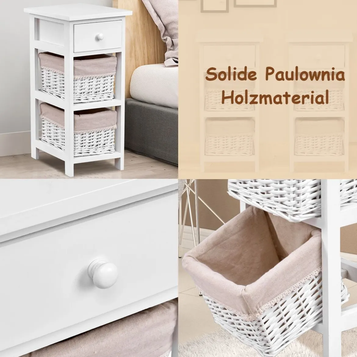 3-etagiger Nachttisch mit Schublade und 2 Aufbewahrungskörben 28 x 26 x 59,5 cm Weiß + Beige