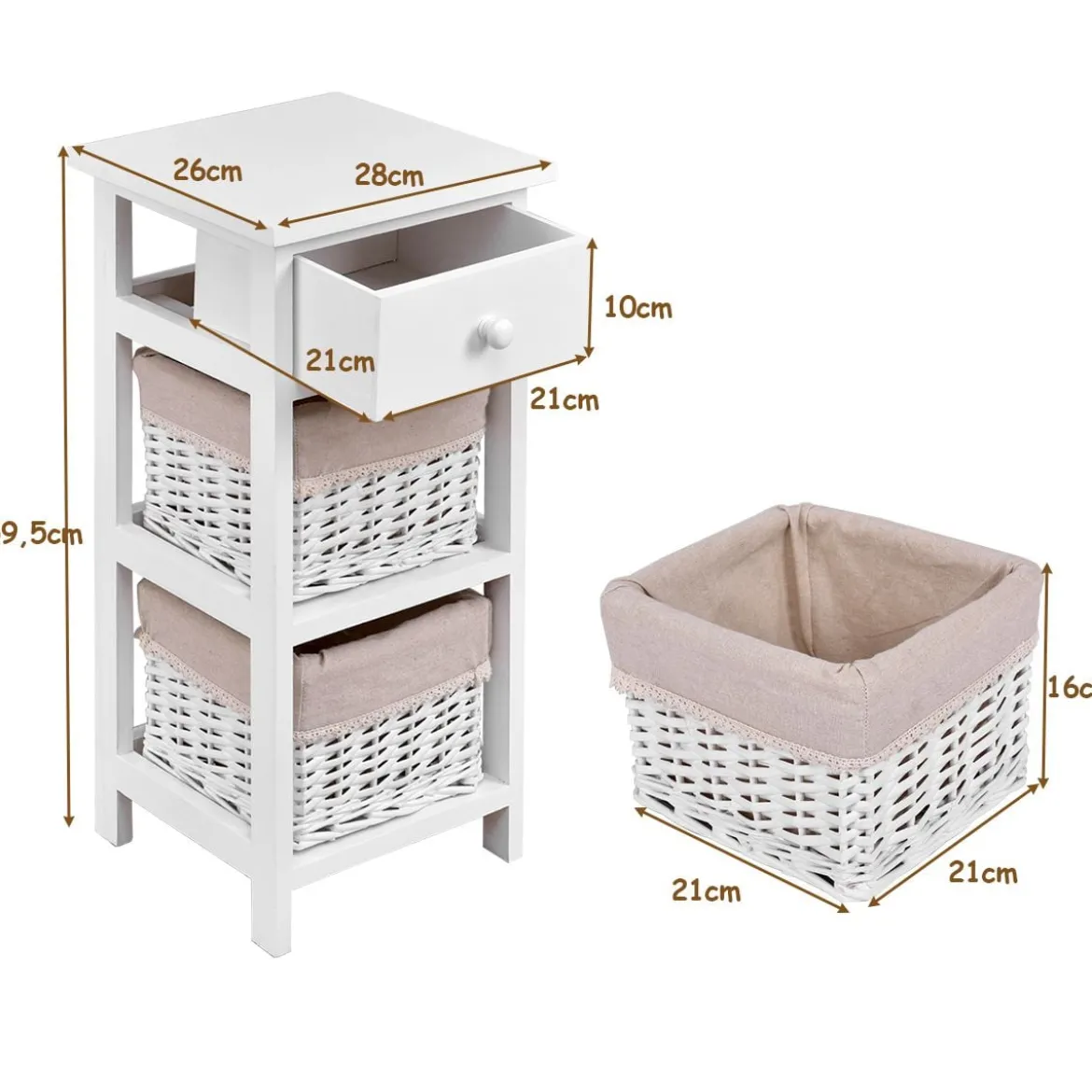 3-etagiger Nachttisch mit Schublade und 2 Aufbewahrungskörben 28 x 26 x 59,5 cm Weiß + Beige