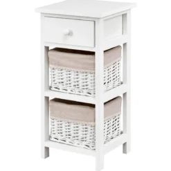 3-etagiger Nachttisch mit Schublade und 2 Aufbewahrungskörben 28 x 26 x 59,5 cm Weiß + Beige