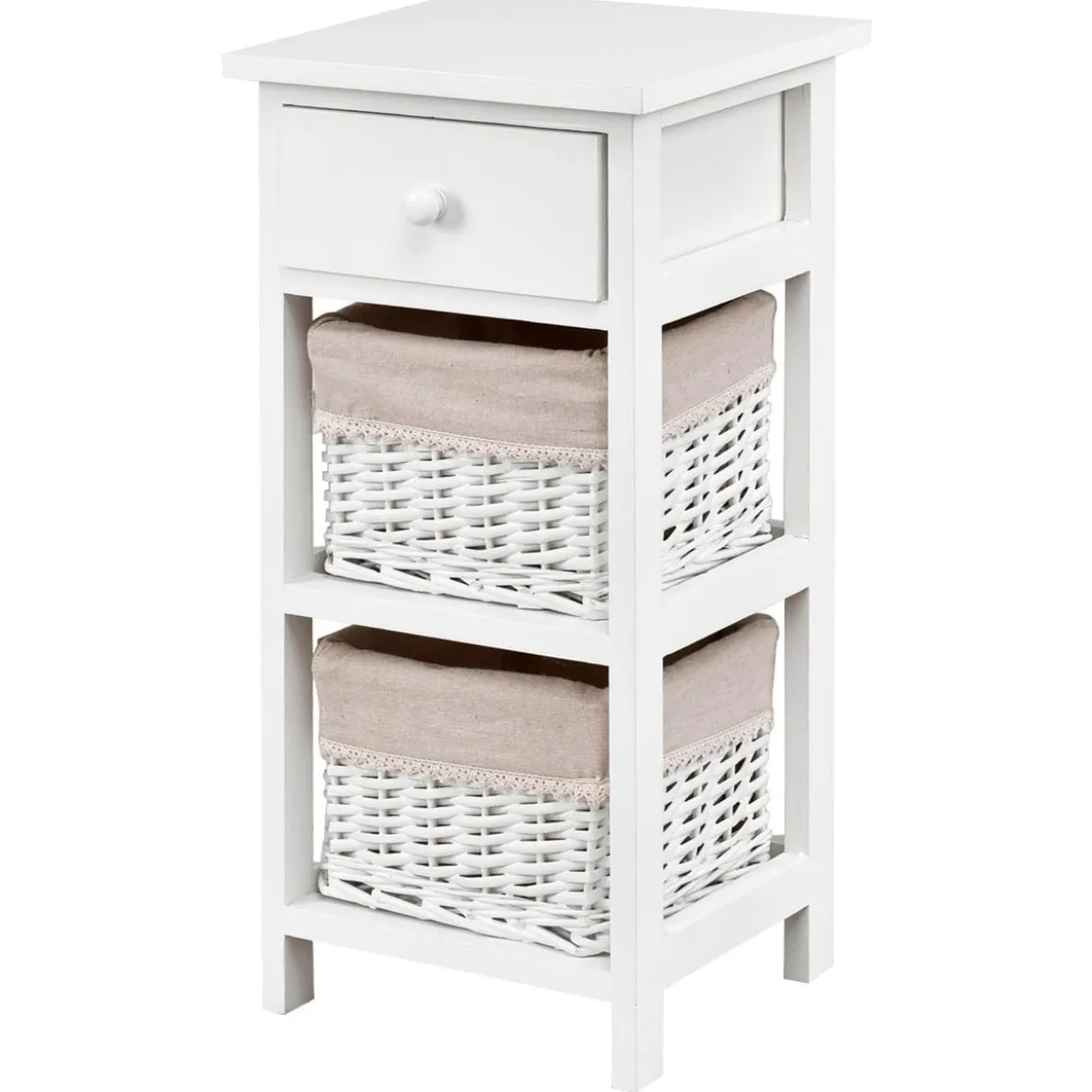 3-etagiger Nachttisch mit Schublade und 2 Aufbewahrungskörben 28 x 26 x 59,5 cm Weiß + Beige