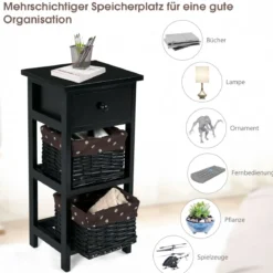 3-etagiger Nachttisch mit 1 Schublade und 2 Aufbewahrungskörben Schwarz