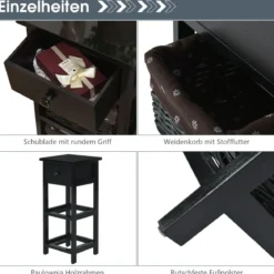 3-etagiger Nachttisch mit 1 Schublade und 2 Aufbewahrungskörben Schwarz