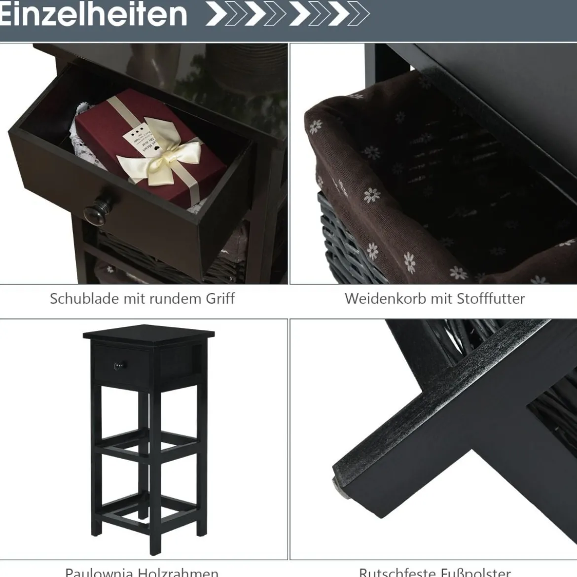 3-etagiger Nachttisch mit 1 Schublade und 2 Aufbewahrungskörben Schwarz