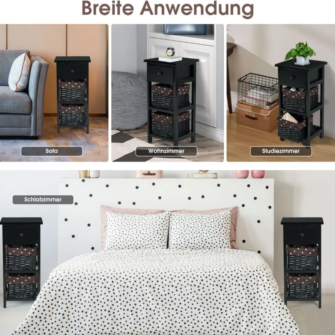 3-etagiger Nachttisch mit 1 Schublade und 2 Aufbewahrungskörben Schwarz