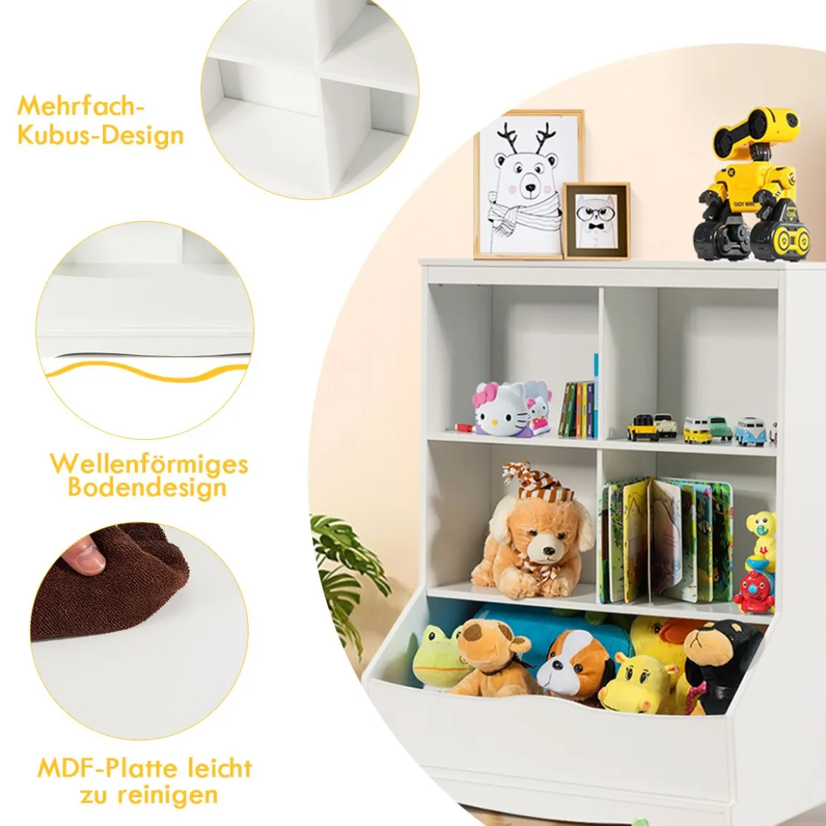 3-etagiger Spielzeugschrank Schrank mit vier offenen Fächern und einem Kasten 67 x 40 x 88 cm Weiß