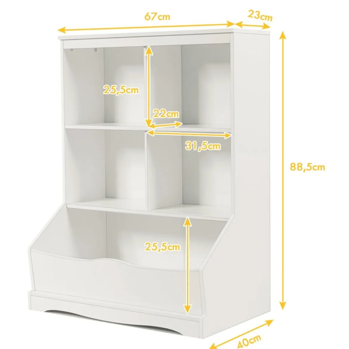 3-etagiger Spielzeugschrank Schrank mit vier offenen Fächern und einem Kasten 67 x 40 x 88 cm Weiß