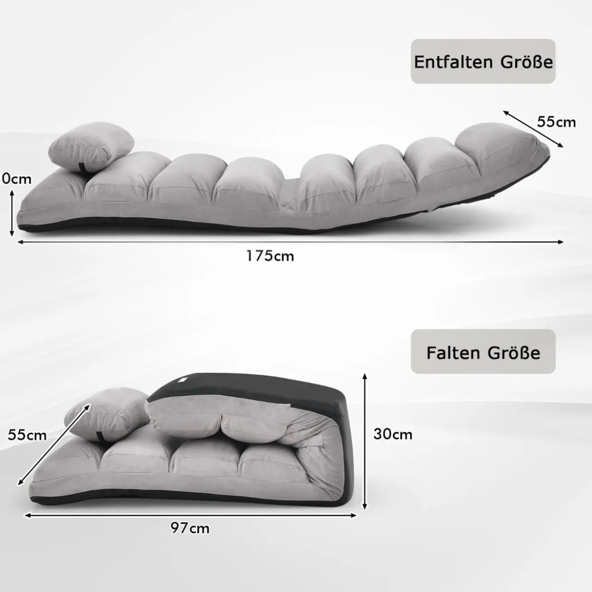 5-fach Einstellbare Relaxliege mit Rückenlehne Klappbare Relaxsessel 175 x 55 x 20 cm Grau
