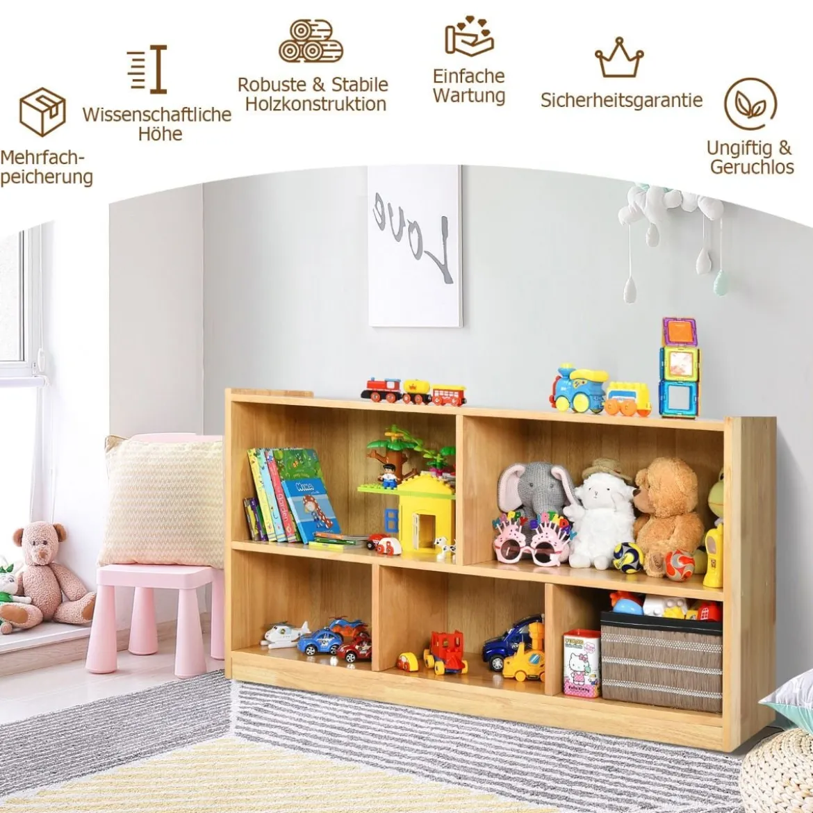 5-fach unterteilter Bücher- & Spielzeugschrank aus Holz Natur 111,5 x 39,5 x 61 cm