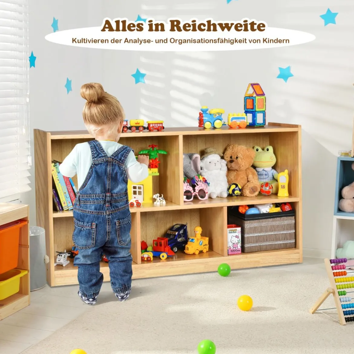 5-fach unterteilter Bücher- & Spielzeugschrank aus Holz Natur 111,5 x 39,5 x 61 cm