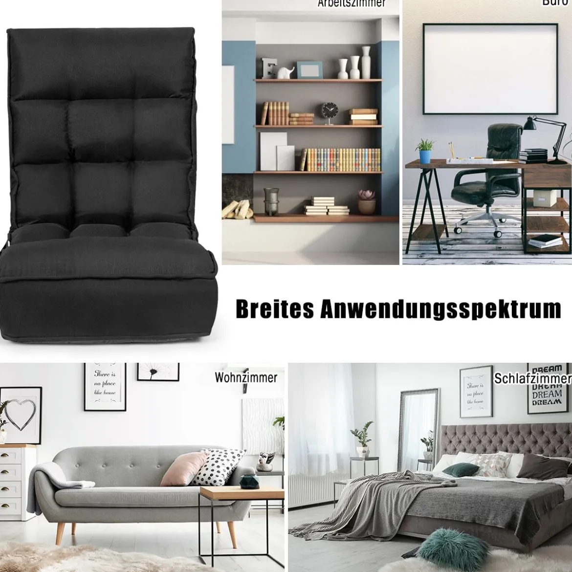 4-fach verstellbarer Boden-Klappstuhl gepolstertes Gaming-Bodensofa Schwarz