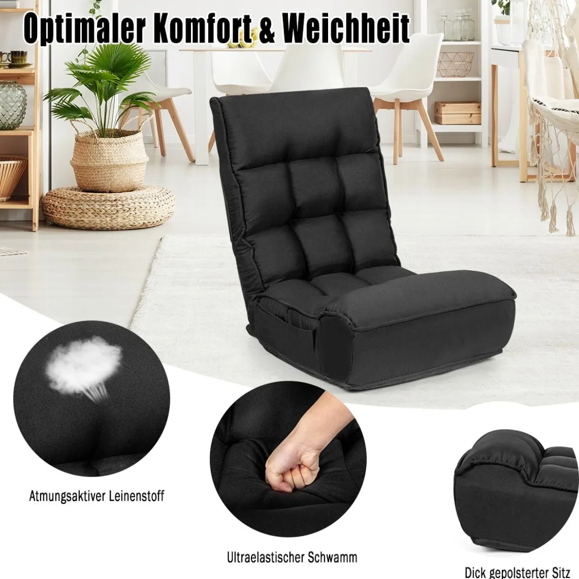 4-fach verstellbarer Boden-Klappstuhl gepolstertes Gaming-Bodensofa Schwarz