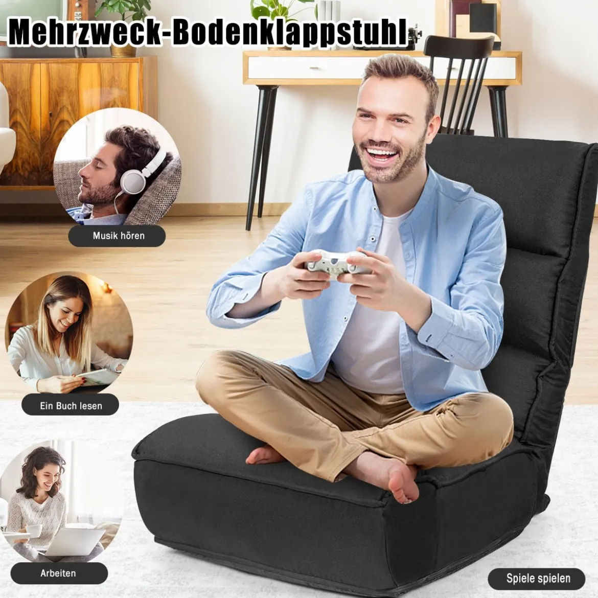 4-fach verstellbarer Boden-Klappstuhl gepolstertes Gaming-Bodensofa Schwarz