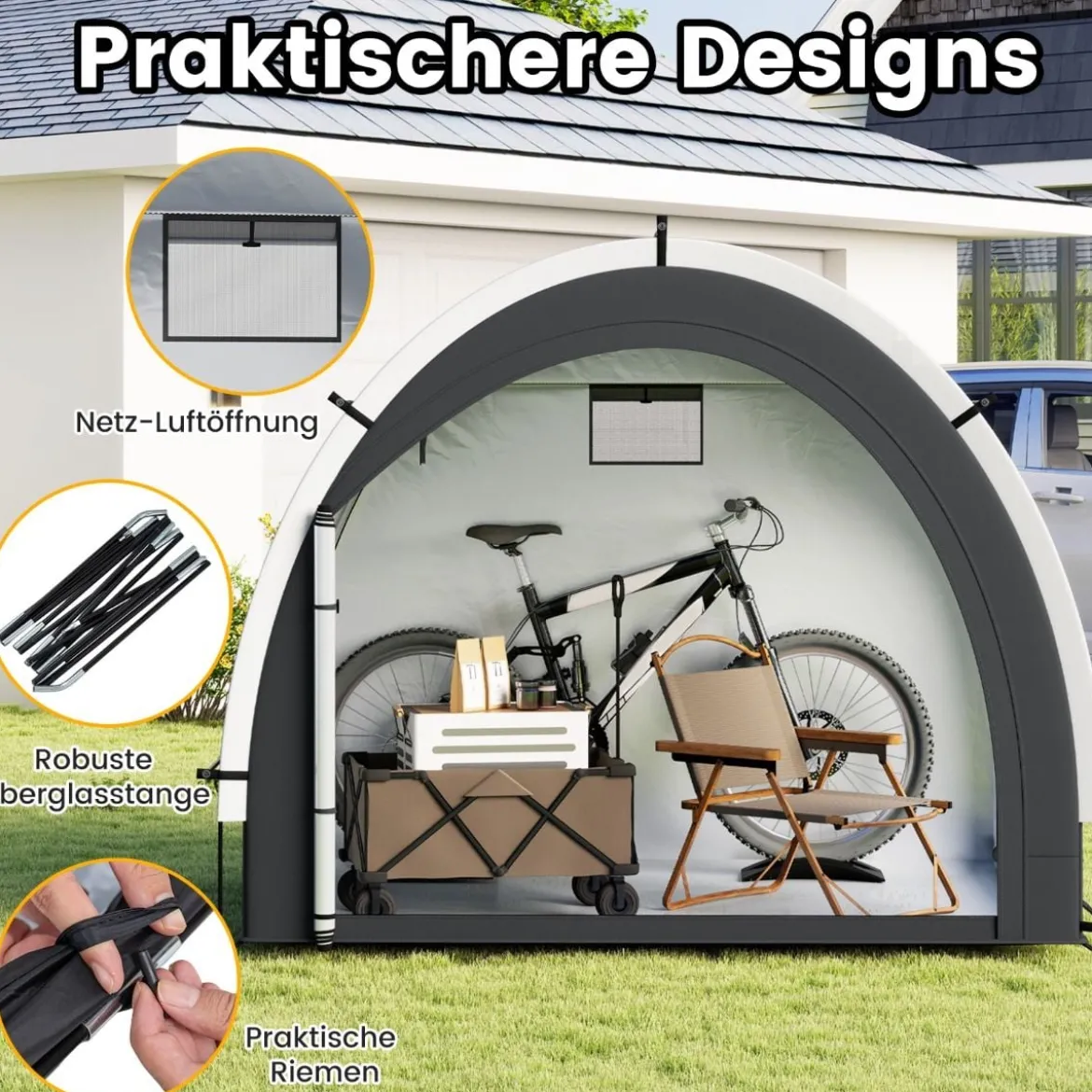 Fahrradgarage Outdoor Fahrradabdeckung mit wasserbeständigem silberbeschichtetem Gewebe Reißverschlusstür Schwarz