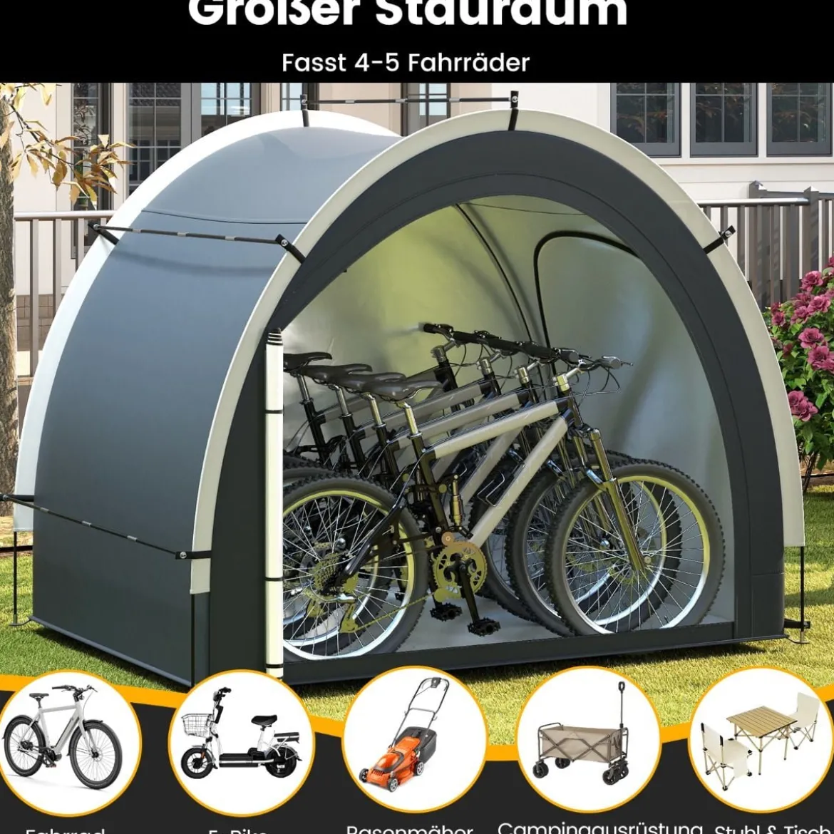 Fahrradgarage Outdoor Fahrradabdeckung mit wasserbeständigem silberbeschichtetem Gewebe Reißverschlusstür Schwarz