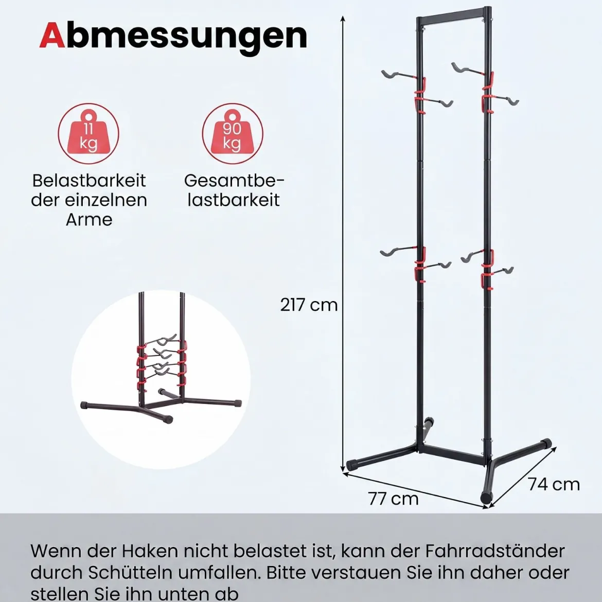 Fahrradständer für 4 Fahrräder Freistehender Fahrradhalter mit Verstellbaren Haken