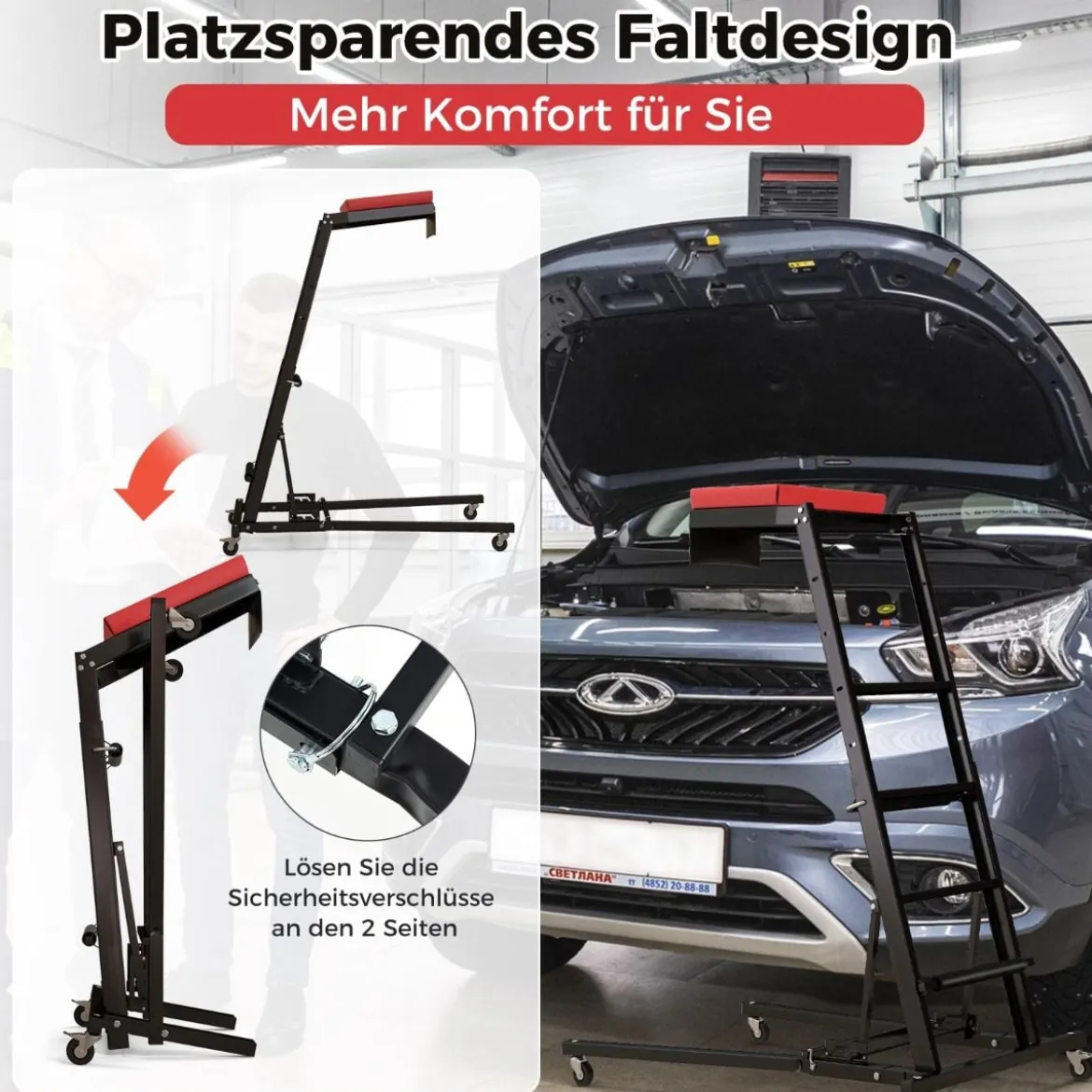 Faltbare Hebebühne mit 114,5-168 cm Einstellbarer Höhe & 3-Gang-Winkel Automobilmotor Hebebühne