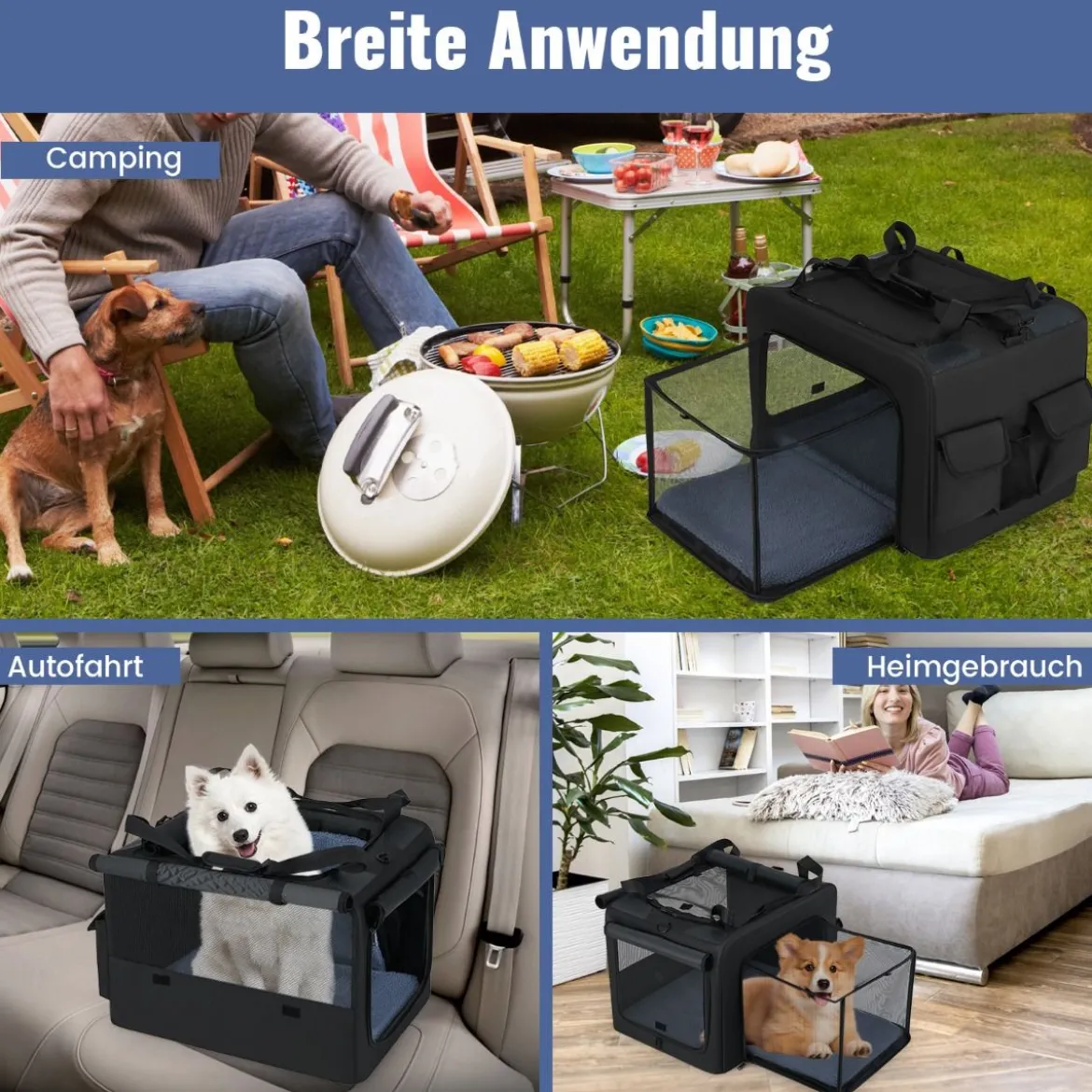 Faltbare Hundebox mit 2 Öffnungen & Fenster & Netzkorb Hund Transportbox Hundetasche
