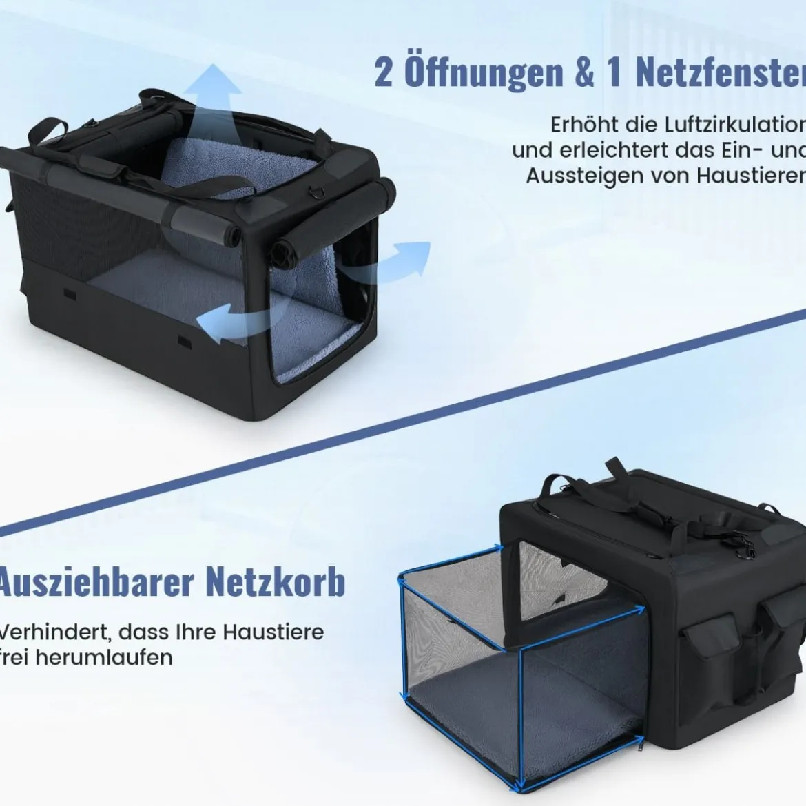 Faltbare Hundebox mit 2 Öffnungen & Fenster & Netzkorb Hund Transportbox Hundetasche