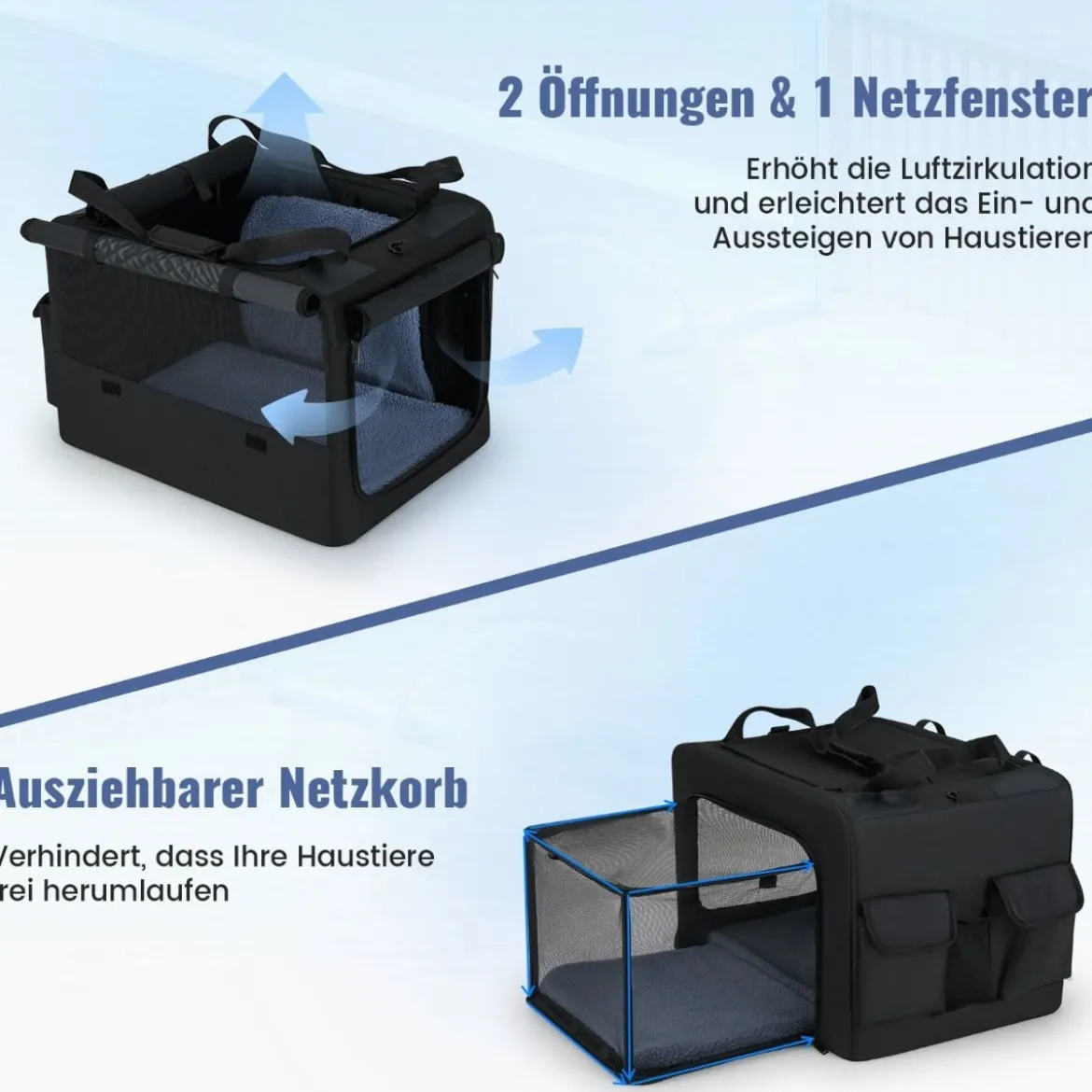 Faltbare Hundebox mit 2 Öffnungen & Fenster & Netzkorb Hund Transportbox Hundetasche