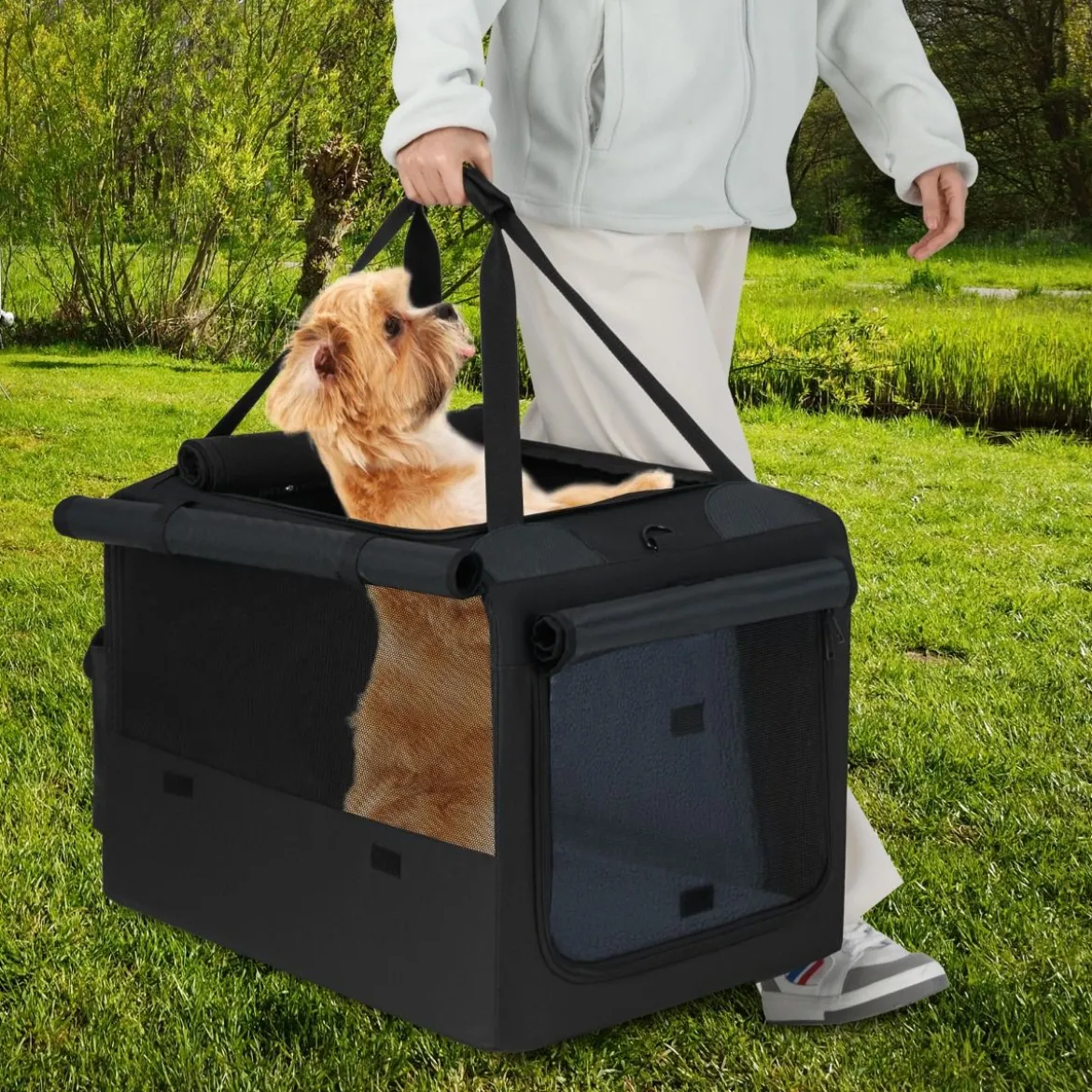 Faltbare Hundebox mit 2 Öffnungen & Fenster & Netzkorb Hund Transportbox Hundetasche