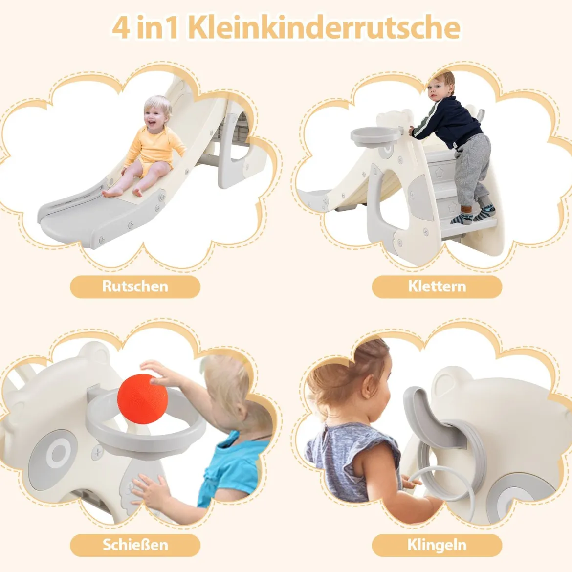 Faltbare Kleinkindrutsche freistehendes Babyrutschen-Klettergerüst mit Basketballkorb Grau