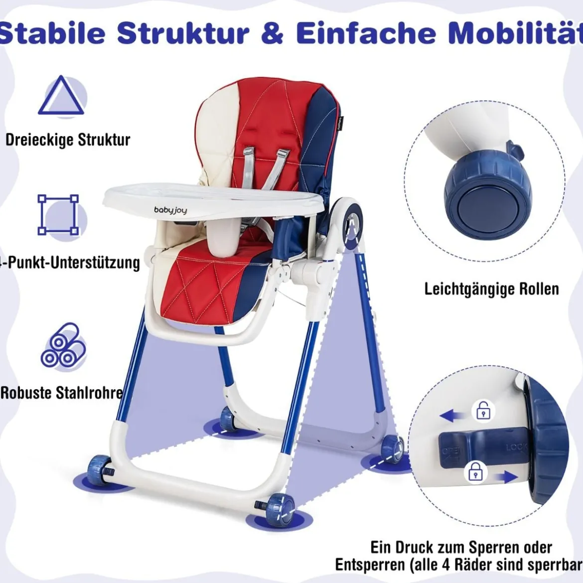 Faltbarer Baby Hochstuhl mit 6 verstellbaren Höhen & abnehmbare Doppeltabletts Bunt