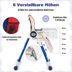 Faltbarer Baby Hochstuhl mit 6 verstellbaren Höhen & abnehmbare Doppeltabletts Bunt