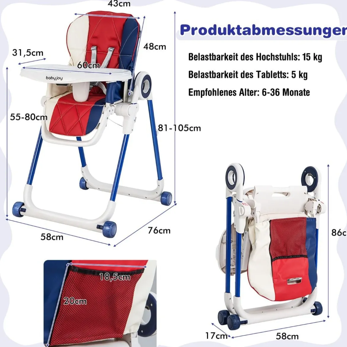 Faltbarer Baby Hochstuhl mit 6 verstellbaren Höhen & abnehmbare Doppeltabletts Bunt