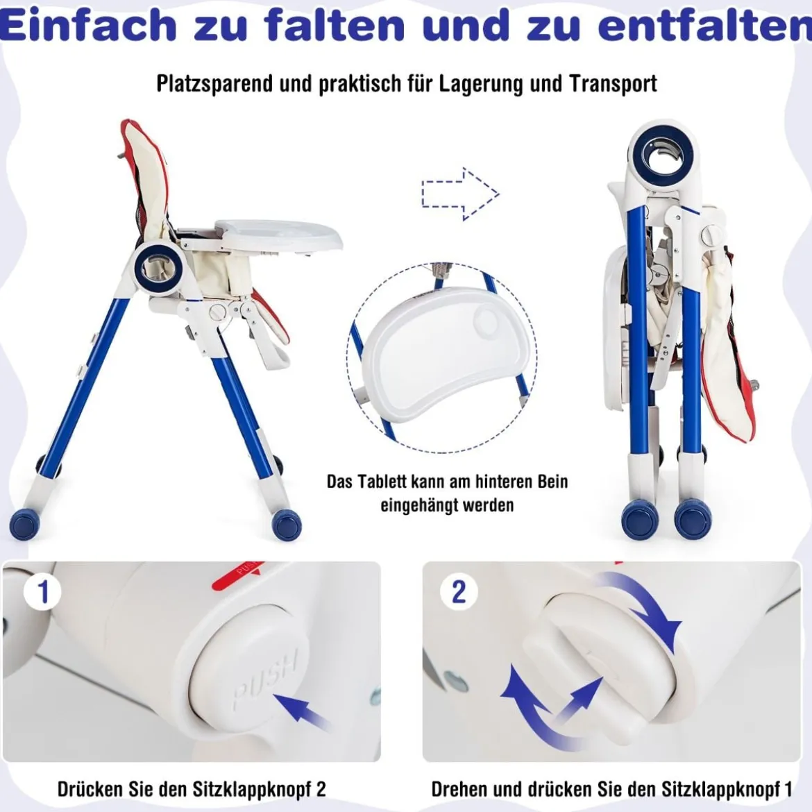 Faltbarer Baby Hochstuhl mit 6 verstellbaren Höhen & abnehmbare Doppeltabletts Bunt