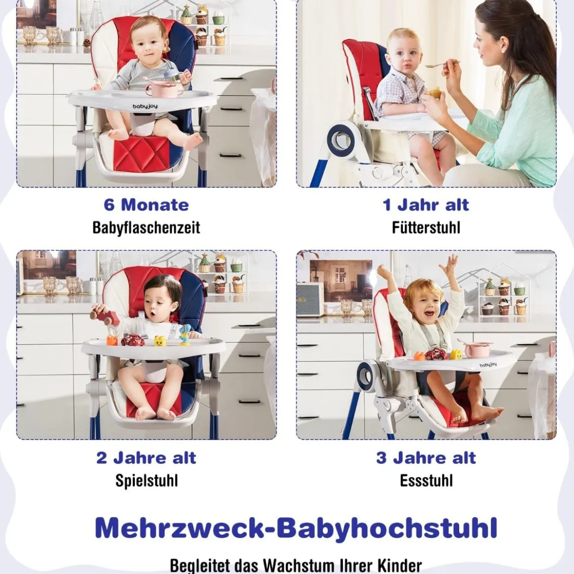 Faltbarer Baby Hochstuhl mit 6 verstellbaren Höhen & abnehmbare Doppeltabletts Bunt