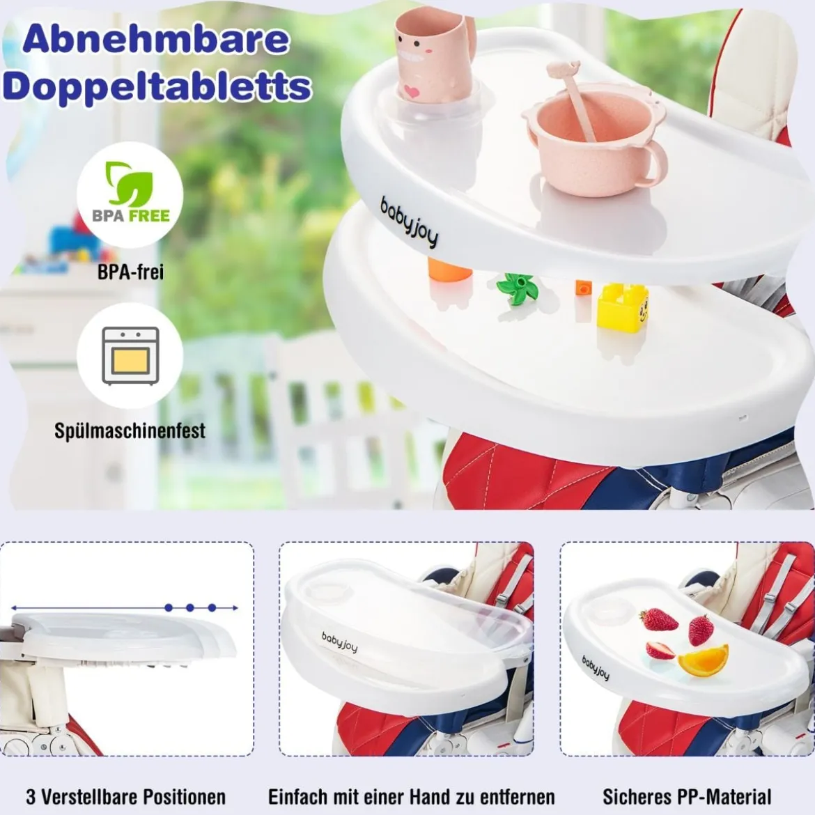 Faltbarer Baby Hochstuhl mit 6 verstellbaren Höhen & abnehmbare Doppeltabletts Bunt