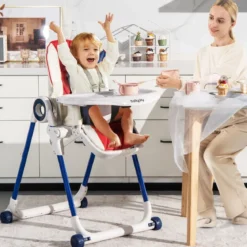 Faltbarer Baby Hochstuhl mit 6 verstellbaren Höhen & abnehmbare Doppeltabletts Bunt