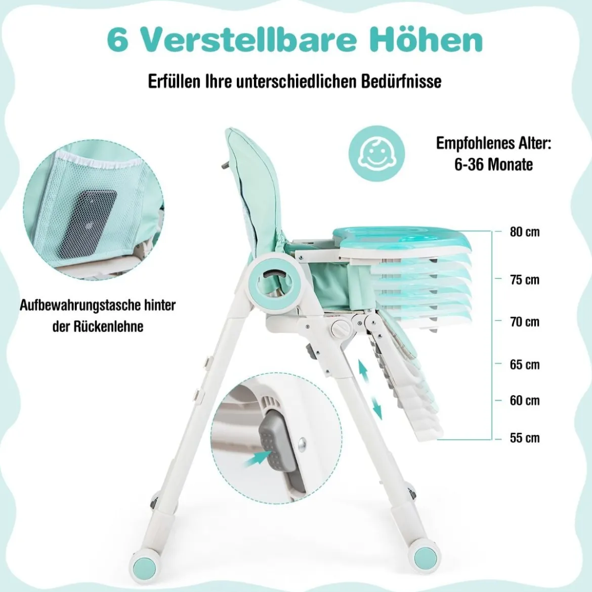 Faltbarer Baby Hochstuhl mit 6 verstellbaren Höhen & abnehmbare Doppeltabletts Grün