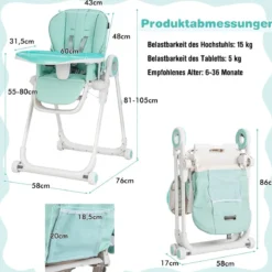 Faltbarer Baby Hochstuhl mit 6 verstellbaren Höhen & abnehmbare Doppeltabletts Grün