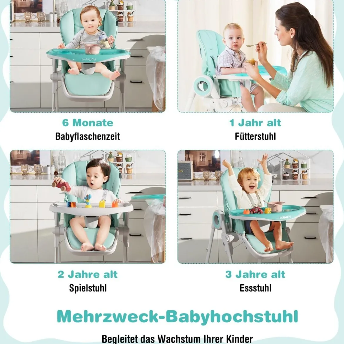 Faltbarer Baby Hochstuhl mit 6 verstellbaren Höhen & abnehmbare Doppeltabletts Grün