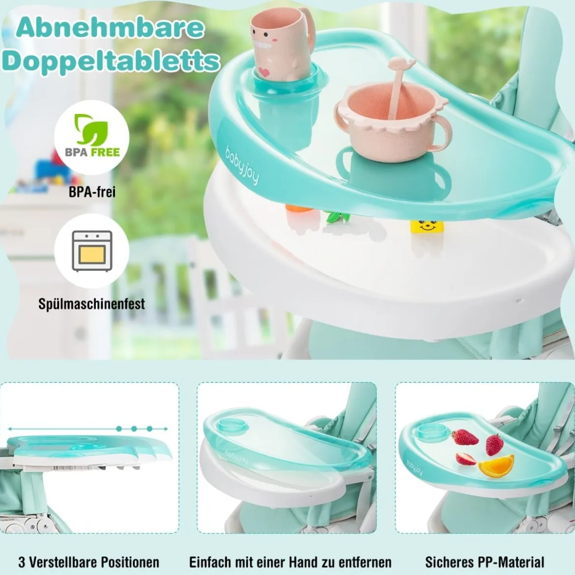 Faltbarer Baby Hochstuhl mit 6 verstellbaren Höhen & abnehmbare Doppeltabletts Grün