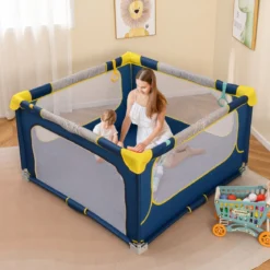 Faltbarer Baby Laufstall mit 50 Bälle & 4 Griffe & Reißverschlusstor Laufgitter Krabbelgitter Blau