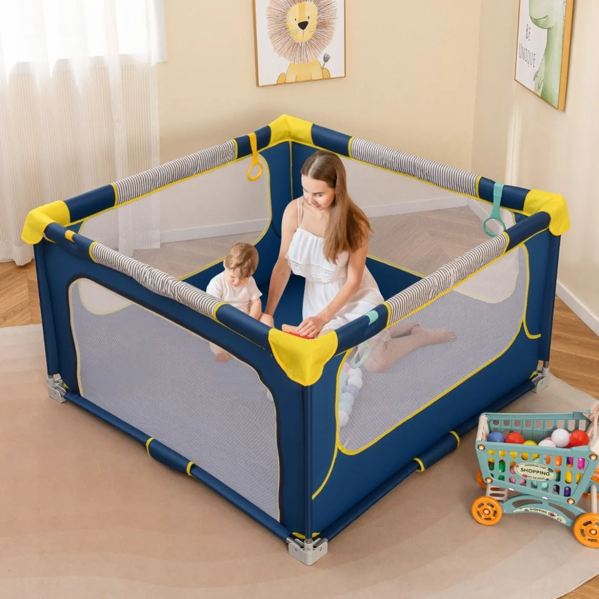 Faltbarer Baby Laufstall mit 50 Bälle & 4 Griffe & Reißverschlusstor Laufgitter Krabbelgitter Blau
