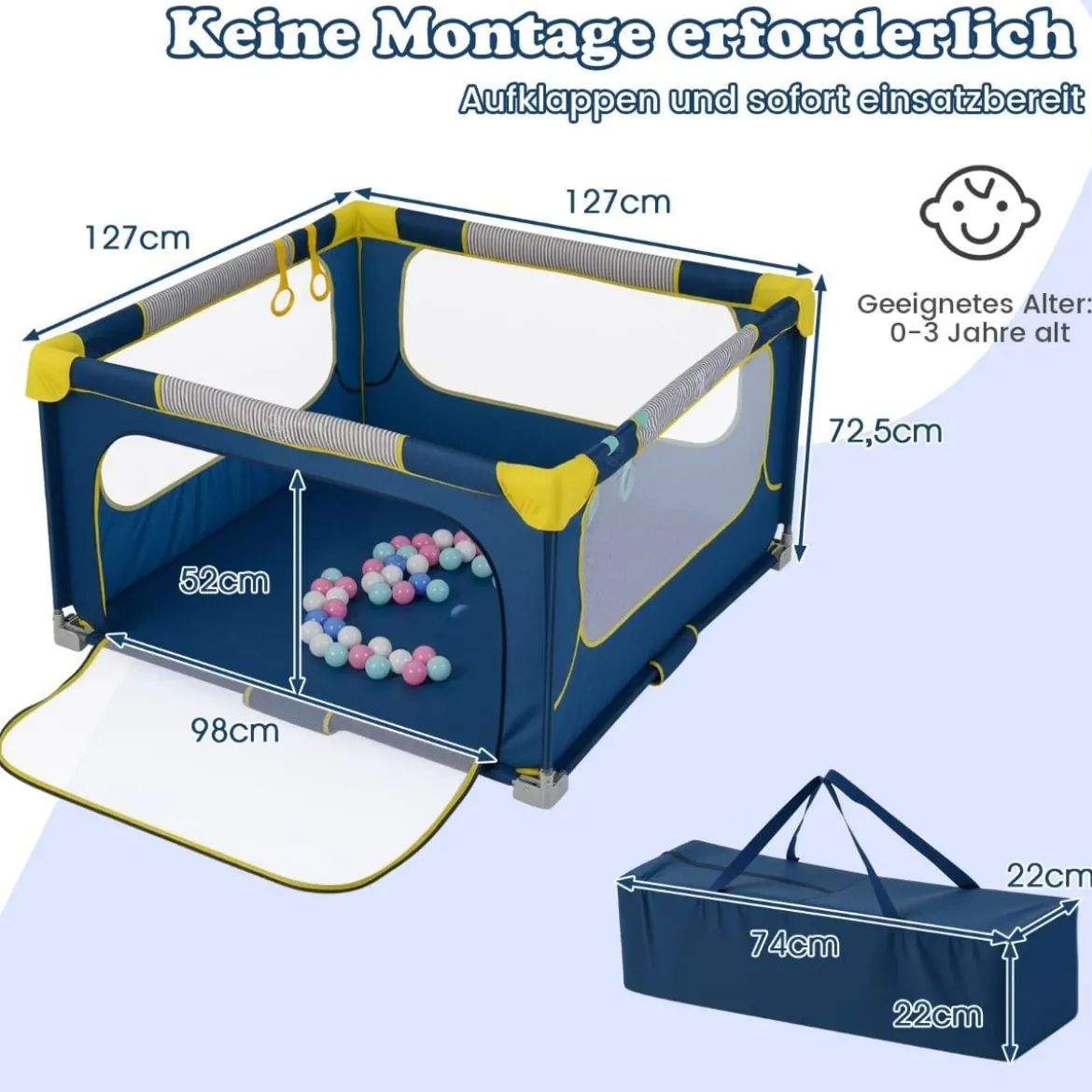 Faltbarer Baby Laufstall mit 50 Bälle & 4 Griffe & Reißverschlusstor Laufgitter Krabbelgitter Blau