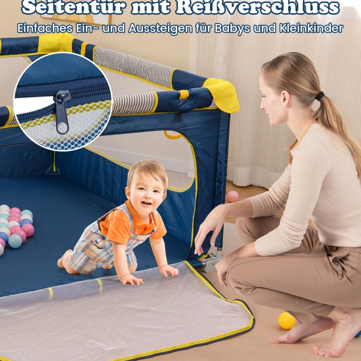 Faltbarer Baby Laufstall mit 50 Bälle & 4 Griffe & Reißverschlusstor Laufgitter Krabbelgitter Blau