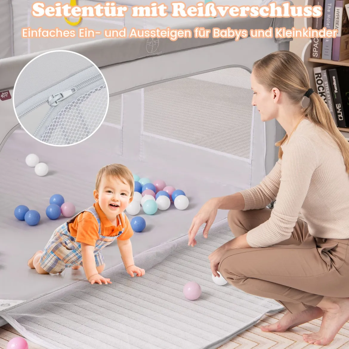 Faltbarer Baby Laufstall mit 50 Bälle & 4 Griffe & Reißverschlusstor Laufgitter Krabbelgitter Grau