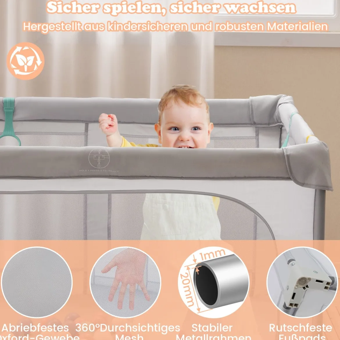 Faltbarer Baby Laufstall mit 50 Bälle & 4 Griffe & Reißverschlusstor Laufgitter Krabbelgitter Grau